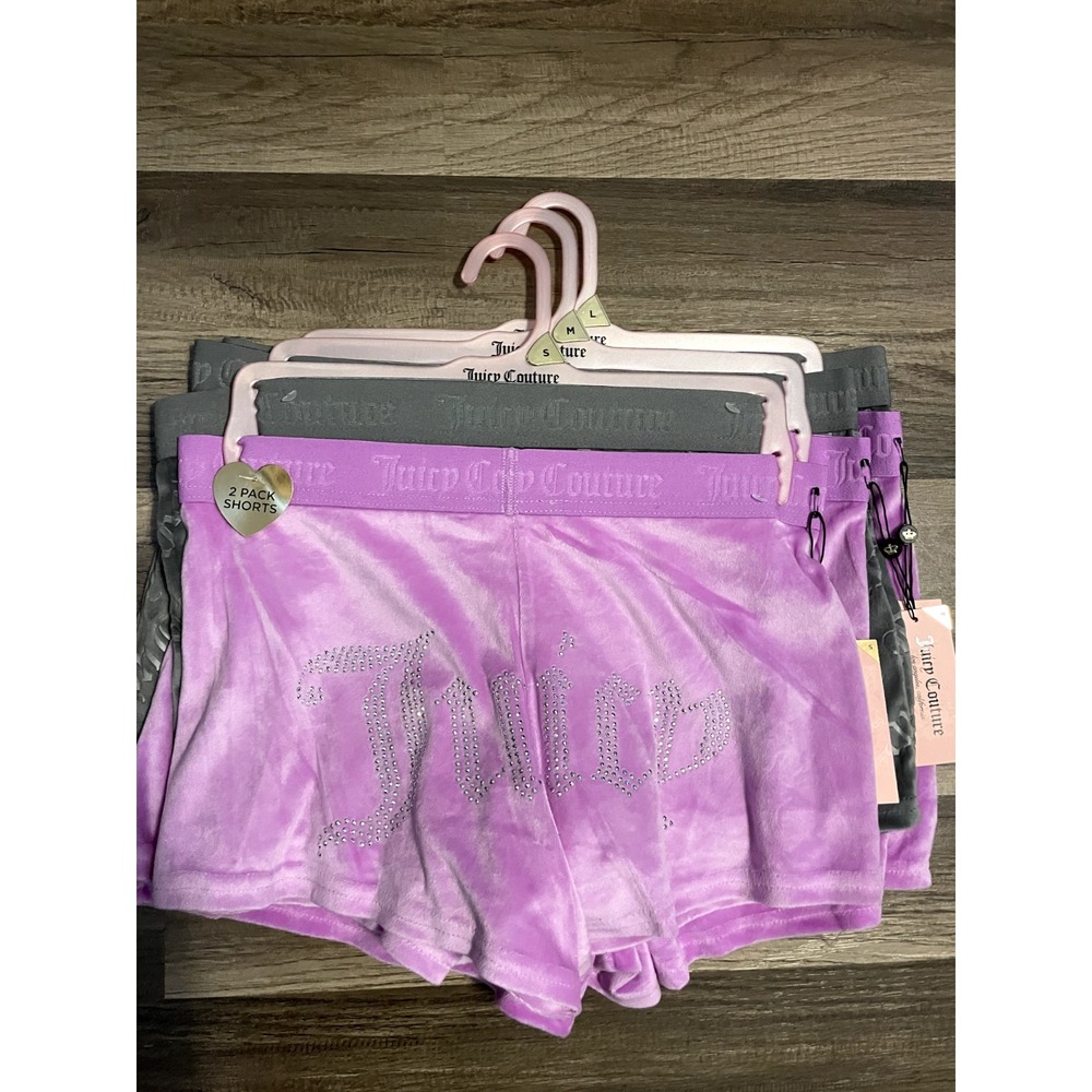 Juicy Couture Velour Sleep Shorts 2 Pack Purple Grey Y2K Rhinestone Boyshorts